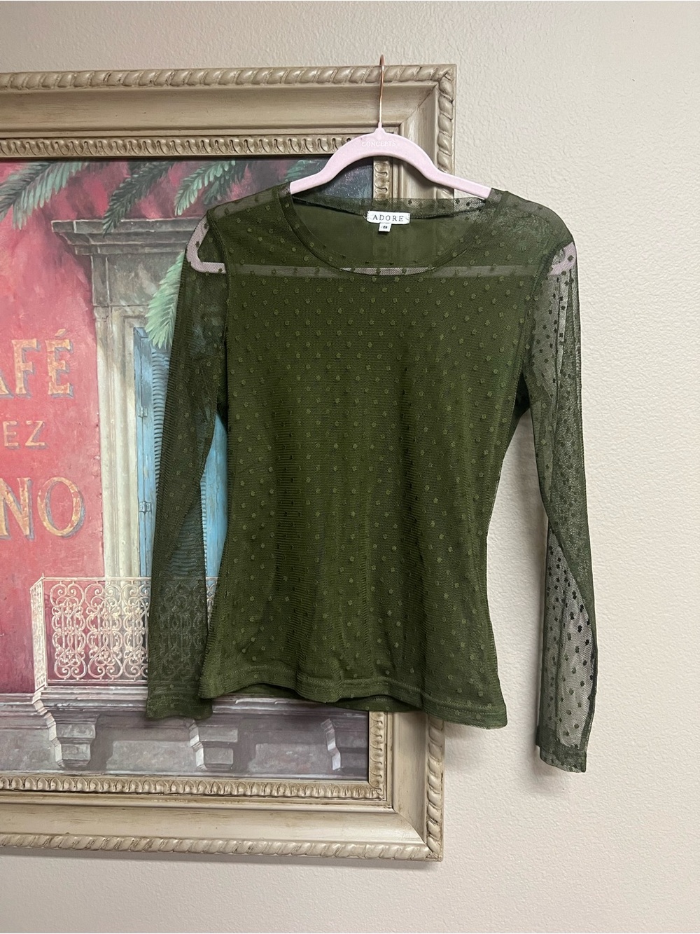 Adore Olive Sheer Dot Long Sleeve Top